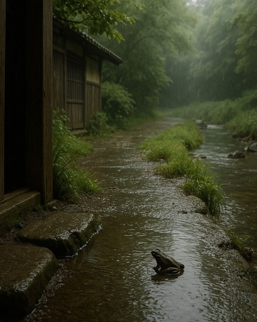 杉山杉風の夏の俳句5選-代表作をわかりやすく解説!「五月雨に 蛙のおよぐ 戸口哉」この俳句をイメージした画像