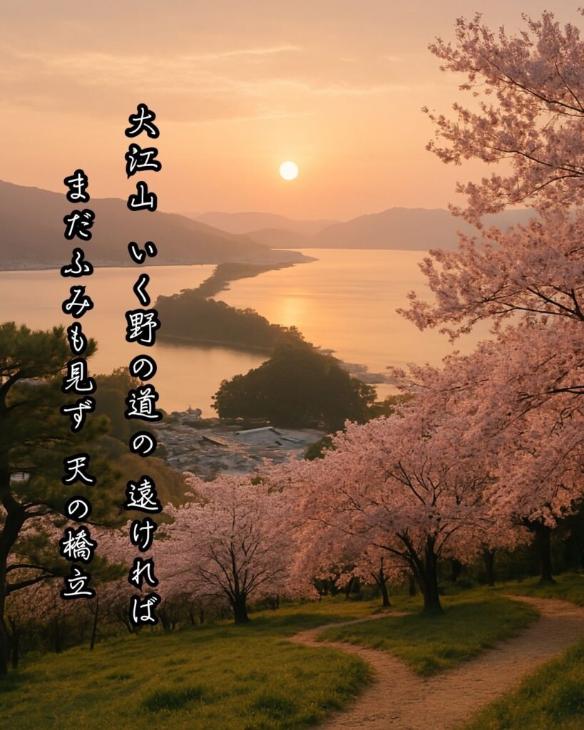 百人一首第60番 小式部内侍『大江山』背景解説–旅路の恋文「大江山　いく野の道の　遠ければ　まだふみも見ず　天の橋立」の情景をテーマにした和歌とイメージの画像