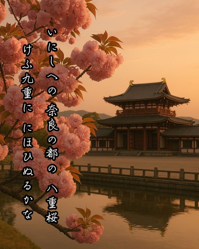 百人一首第61番 伊勢大輔『いにしへの』背景解説–宮の記憶「いにしへの 奈良の都の 八重桜 けふ九重に にほひぬるかな」の情景をテーマにした和歌とイメージの画像