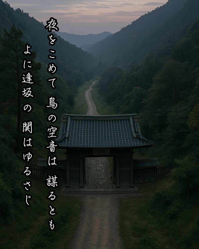 百人一首第62番 清少納言『夜をこめて』背景解説–才媛の返歌「夜をこめて 鳥の空音は 謀るとも よに逢坂の 関はゆるさじ」の情景をテーマにした和歌とイメージの画像