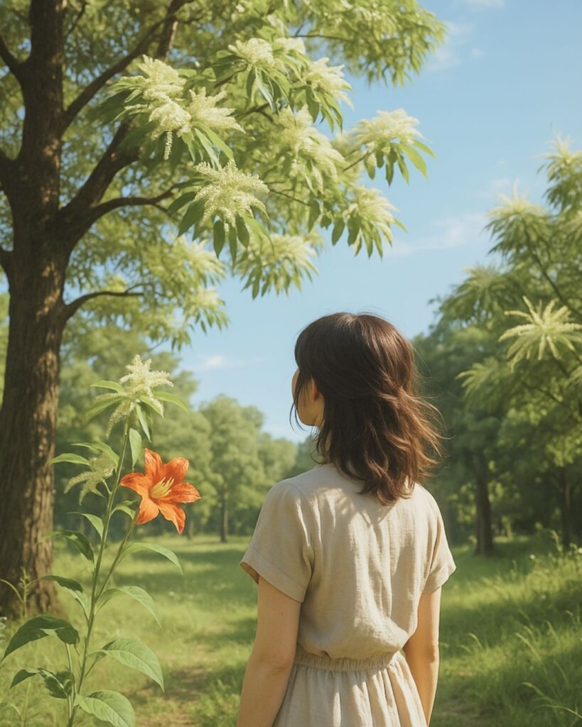 若山牧水の夏の短歌5選-代表作をわかりやすく解説!「椎のはな 栗の木の花 はつ夏の 木の花めづる ひとのほつれ毛」この短歌をイメージした画像