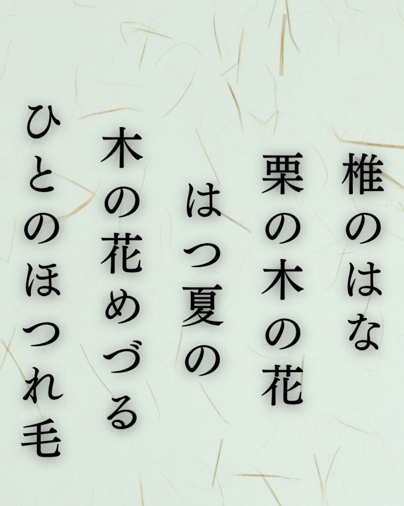 若山牧水の夏の短歌5選-代表作をわかりやすく解説!「椎のはな 栗の木の花 はつ夏の 木の花めづる ひとのほつれ毛」この短歌を記載した画像