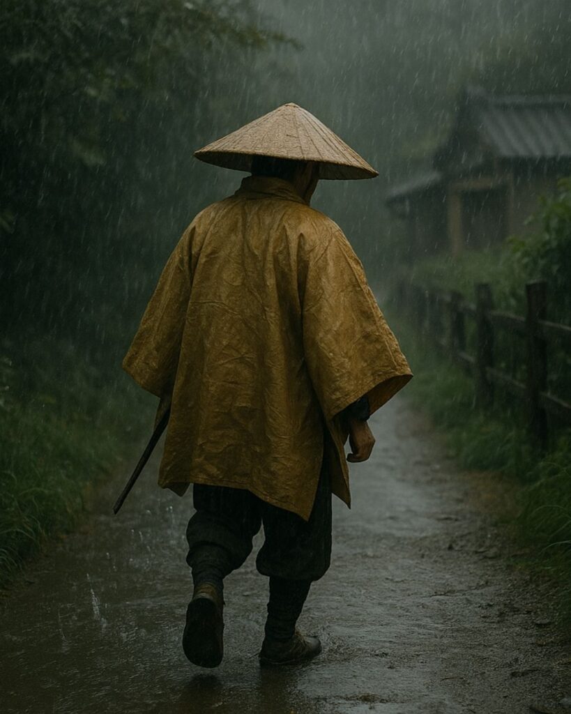 立花北枝の夏の俳句5選-代表作をわかりやすく解説!「五月雨や 合羽の下の 雨いきり」この俳句をイメージした画像