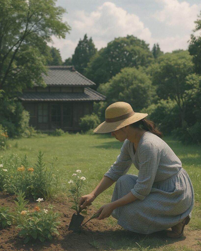 若山牧水の夏の短歌5選-代表作をわかりやすく解説!「樹々の間に 白雲見ゆる 梅雨晴の 照る日の庭に 妻は花植う」この短歌をイメージした画像