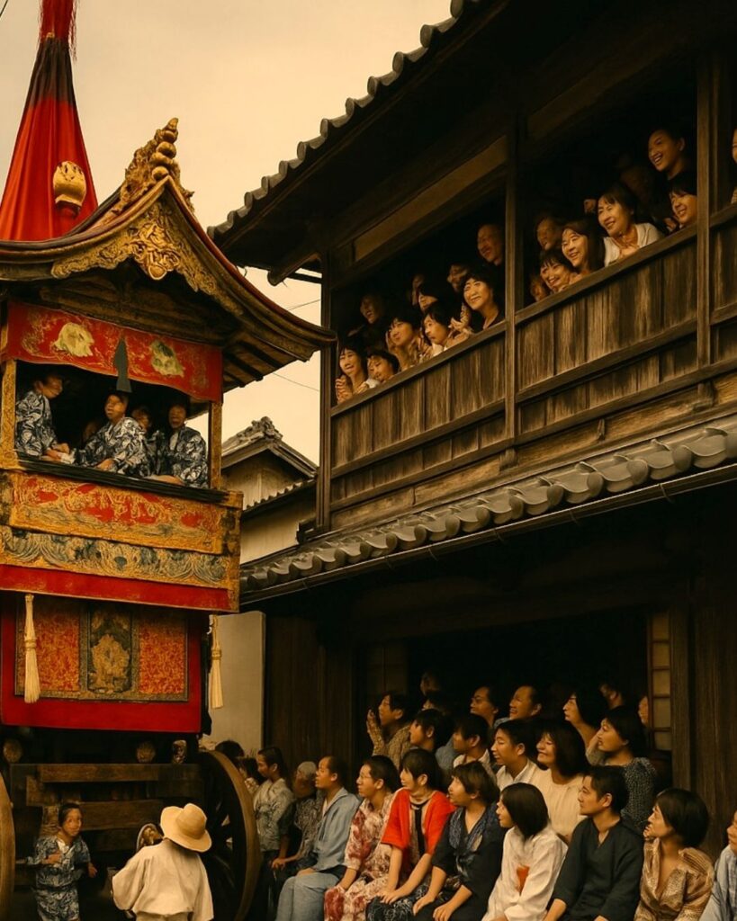 正岡子規の夏の俳句5選-代表作をわかりやすく解説！「祇園会や　二階に顔の　うづたかき」この俳句をイメージした画像