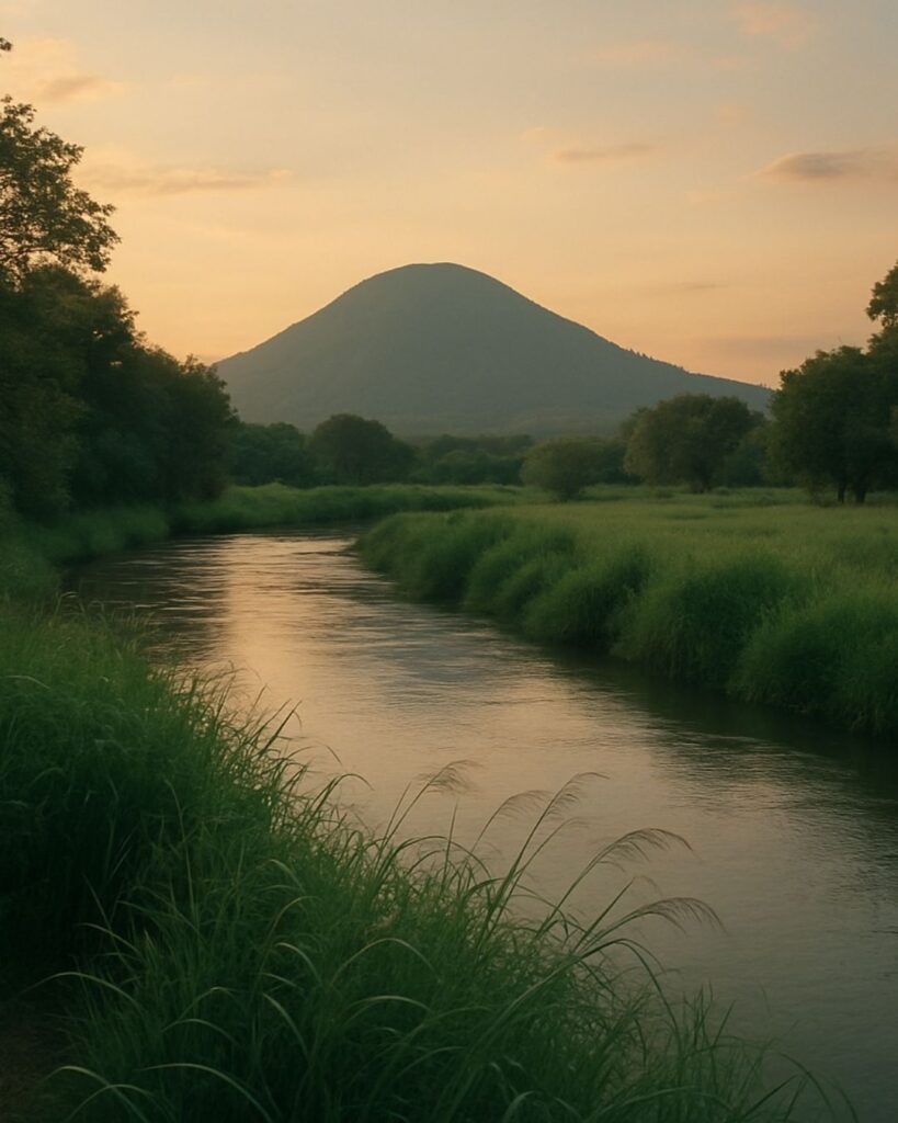 斎藤茂吉の夏の短歌5選-代表作をわかりやすく解説!「夕ひかる 里つ川水 夏くさに かくるる處 まろき山見ゆ」この短歌をイメージした画像