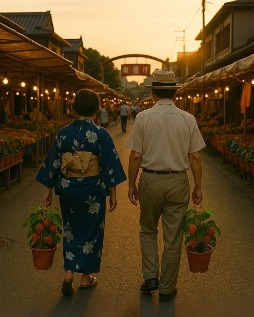 高浜虚子の夏の俳句5選-代表作をわかりやすく解説!「夫婦らし 酸漿市の 戻りらし」この俳句をイメージした画像