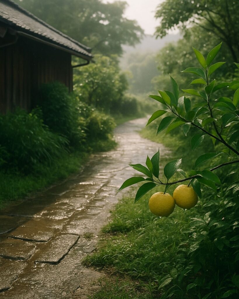 立花北枝の夏の俳句5選-代表作をわかりやすく解説!「夕立の 跡柚の薫る 日陰哉」この俳句をイメージした画像