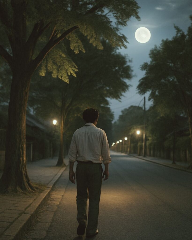 若山牧水の夏の短歌5選-代表作をわかりやすく解説!「月の夜半 酔ざめの身の とぼとぼと あゆめる街の 夏の木の影」この短歌をイメージした画像