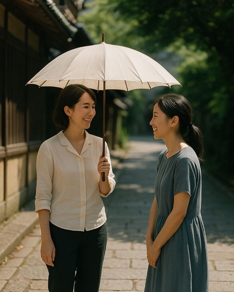 高浜虚子の夏の俳句5選-代表作をわかりやすく解説!「話し来る 一つ日傘に 出つ入りつ」この俳句をイメージした画像