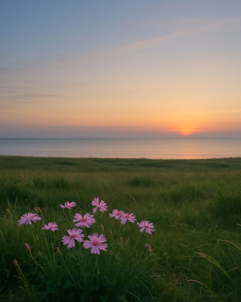 河東碧梧桐の夏の俳句5選-代表作をわかりやすく解説！「撫子や　海の夜明けの　草の原」この俳句をイメージした画像