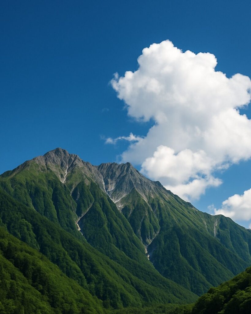 飯田蛇笏の夏の俳句5選-代表作をわかりやすく解説!「藍々と 五月の穂高 雲をいづ」この俳句をイメージした画像