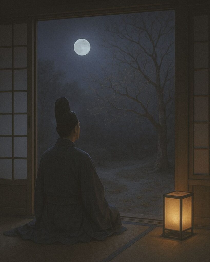 百人一首第68番 三条天皇『心にも』背景解説–望まずの月「心にも あらで憂き夜に 長らへば 恋しかるべき 夜半の月かな」の情景をテーマにしたイメージの画像