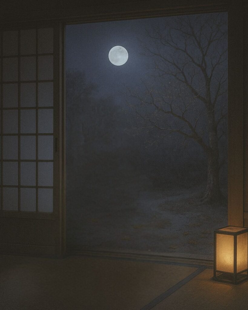 百人一首第68番 三条天皇『心にも』背景解説–望まずの月「心にも あらで憂き夜に 長らへば 恋しかるべき 夜半の月かな」の情景をテーマにしたイメージの画像