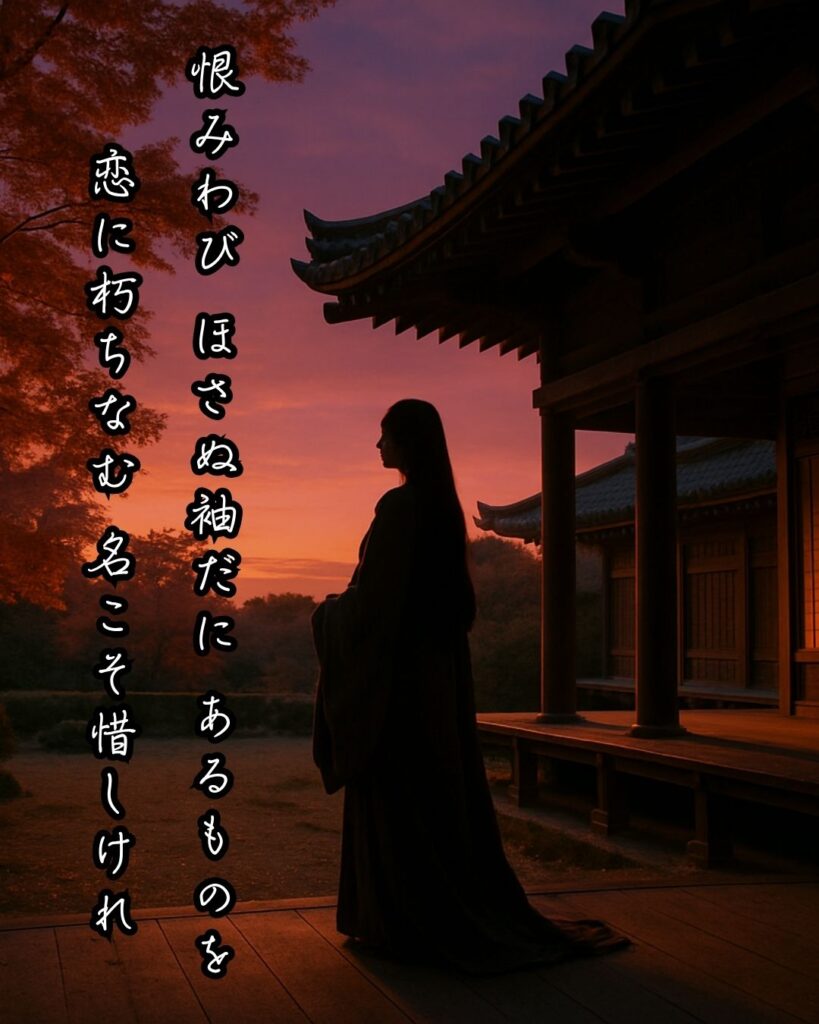 百人一首第65番 相模『恨みわび』背景解説–恋やぶれてなお「恨みわび ほさぬ袖だに あるものを 恋に朽ちなむ 名こそ惜しけれ」の情景をテーマにした和歌とイメージの画像