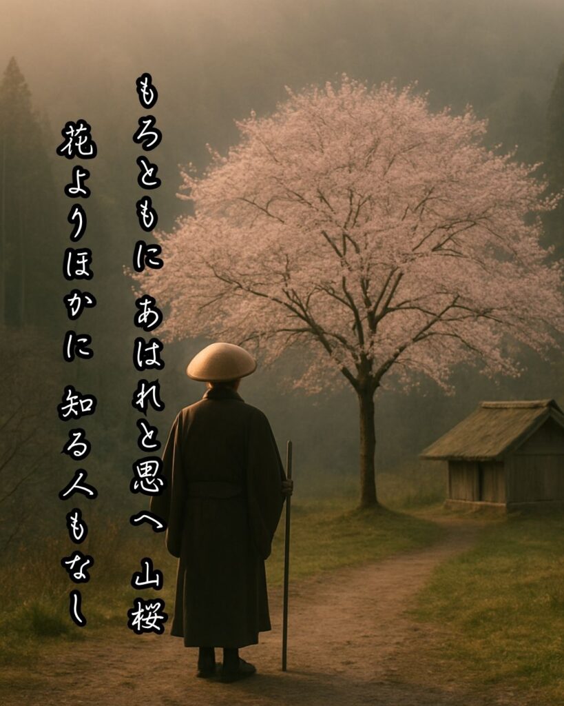 百人一首第66番 行尊『もろともに』背景解説–知る人もなし「もろともに あはれと思へ 山桜 花よりほかに 知る人もなし」の情景をテーマにした和歌とイメージの画像