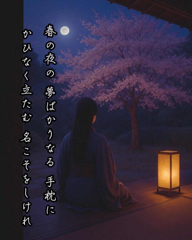 百人一首第67番 周防内侍『春の夜の』背景解説–名を惜しむ夜「春の夜の　夢ばかりなる　手枕に　かひなく立たむ　名こそをしけれ」の情景をテーマにした和歌とイメージの画像