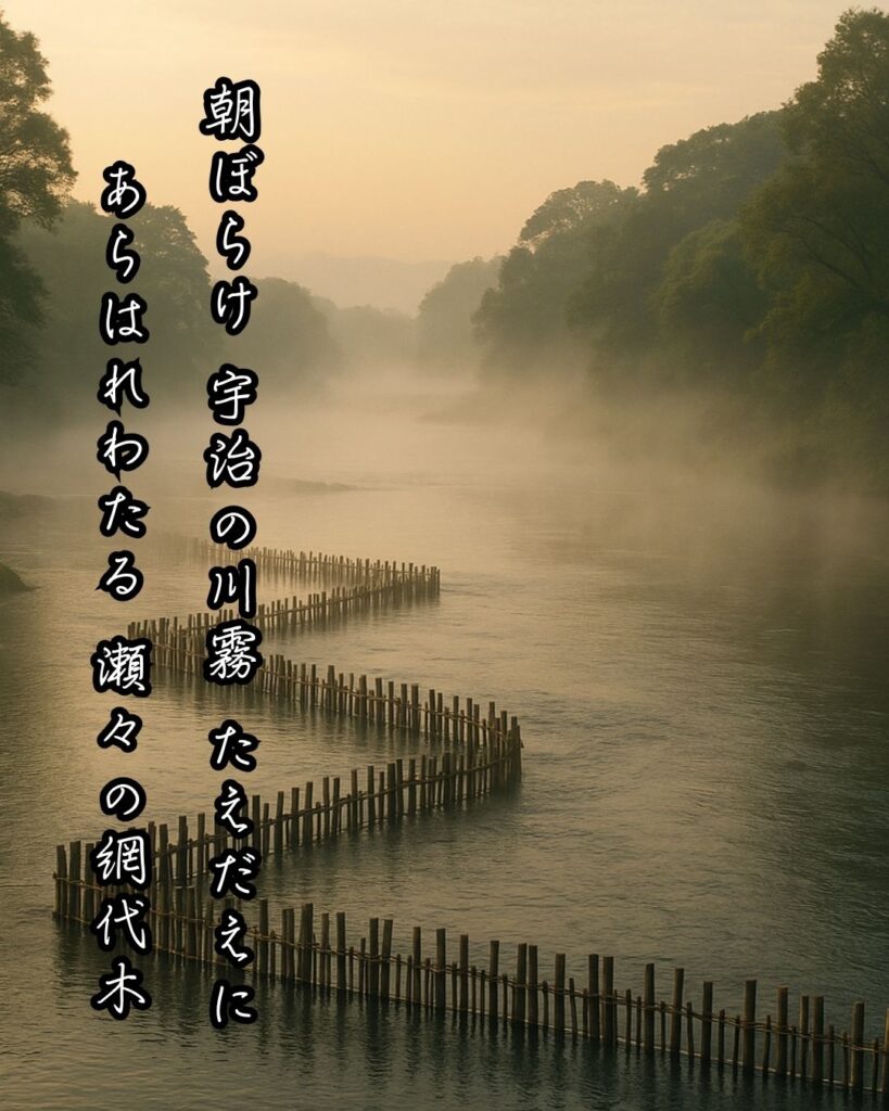 百人一首第64番 藤原定頼『朝ぼらけ』背景解説–霧けぶる想い「朝ぼらけ　宇治の川霧　たえだえに　あらはれわたる　瀬々の網代木」の情景をテーマにした和歌とイメージの画像