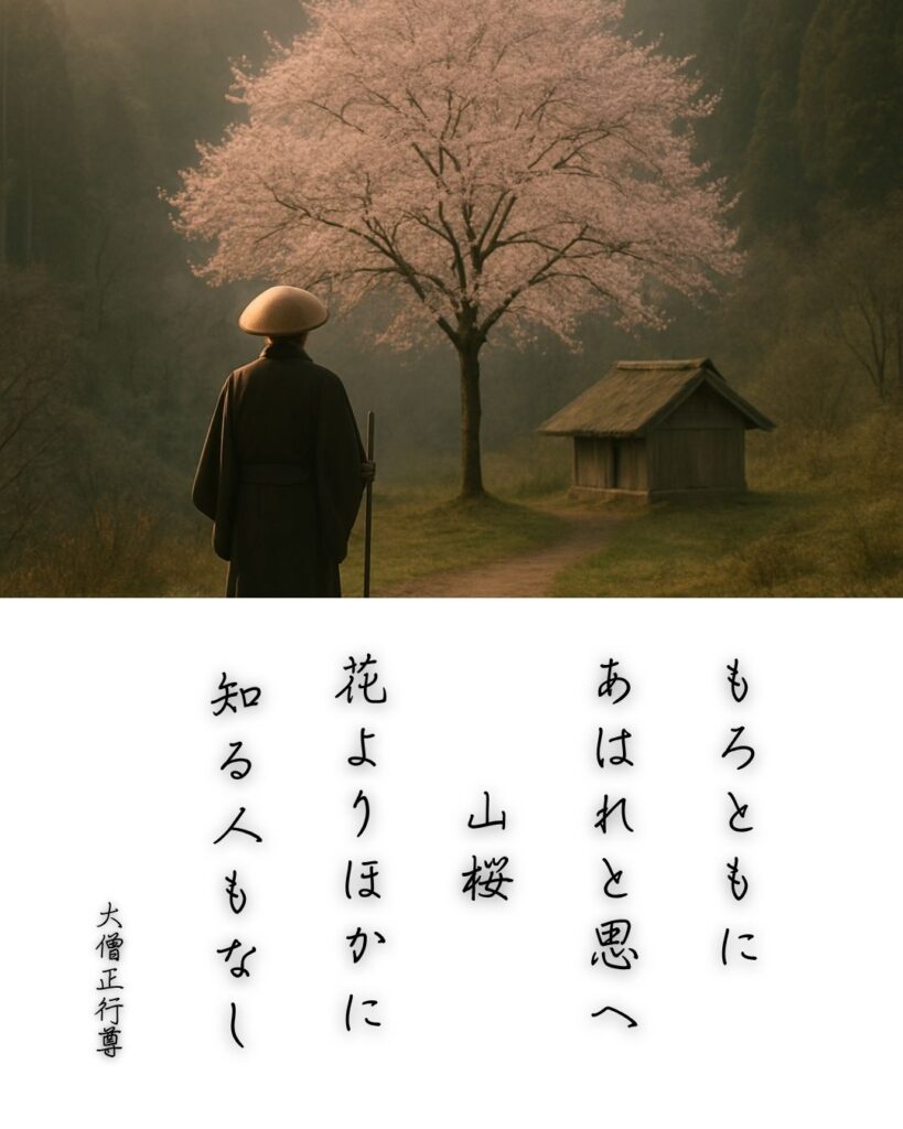 百人一首第66番 行尊『もろともに』背景解説–知る人もなし「もろともに あはれと思へ 山桜 花よりほかに 知る人もなし」の情景をテーマにした和歌とイメージの画像