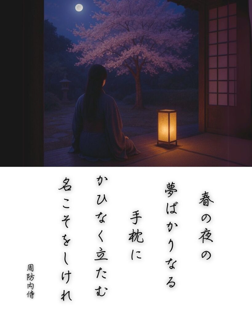 百人一首第67番 周防内侍『春の夜の』背景解説–名を惜しむ夜「春の夜の　夢ばかりなる　手枕に　かひなく立たむ　名こそをしけれ」の情景をテーマにした和歌とイメージの画像