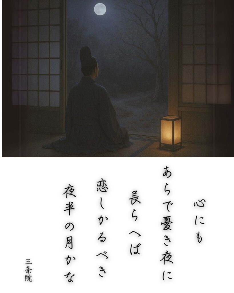 百人一首第68番 三条天皇『心にも』背景解説–望まずの月「心にも あらで憂き夜に 長らへば 恋しかるべき 夜半の月かな」の情景をテーマにした和歌とイメージの画像