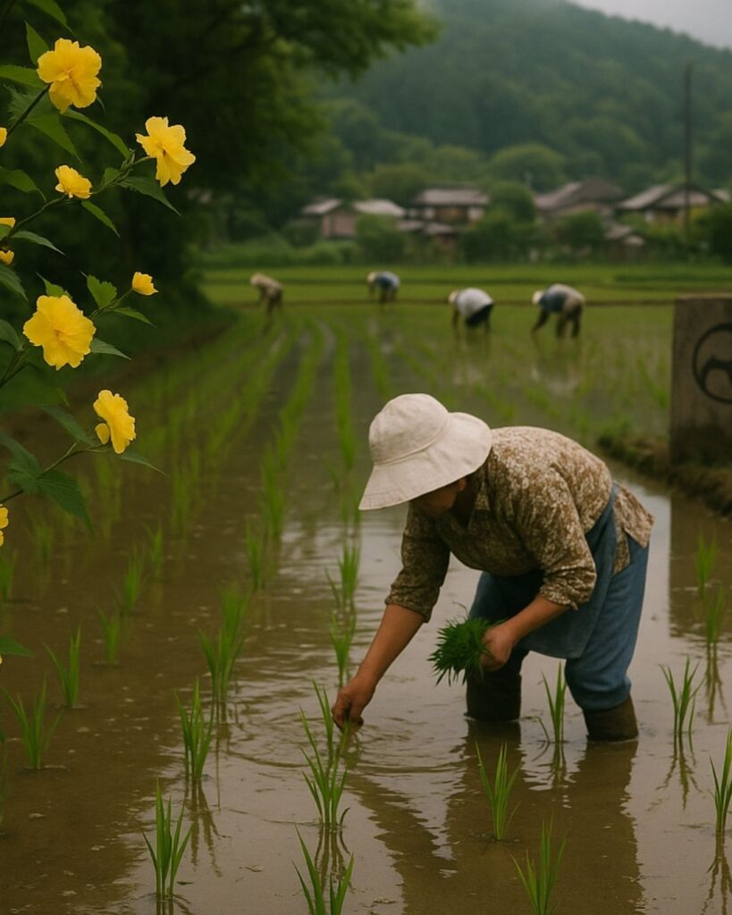 森川許六の夏の俳句5選-代表作をわかりやすく解説!「やまぶきも 巴も出る 田うへかな」この俳句をイメージした画像