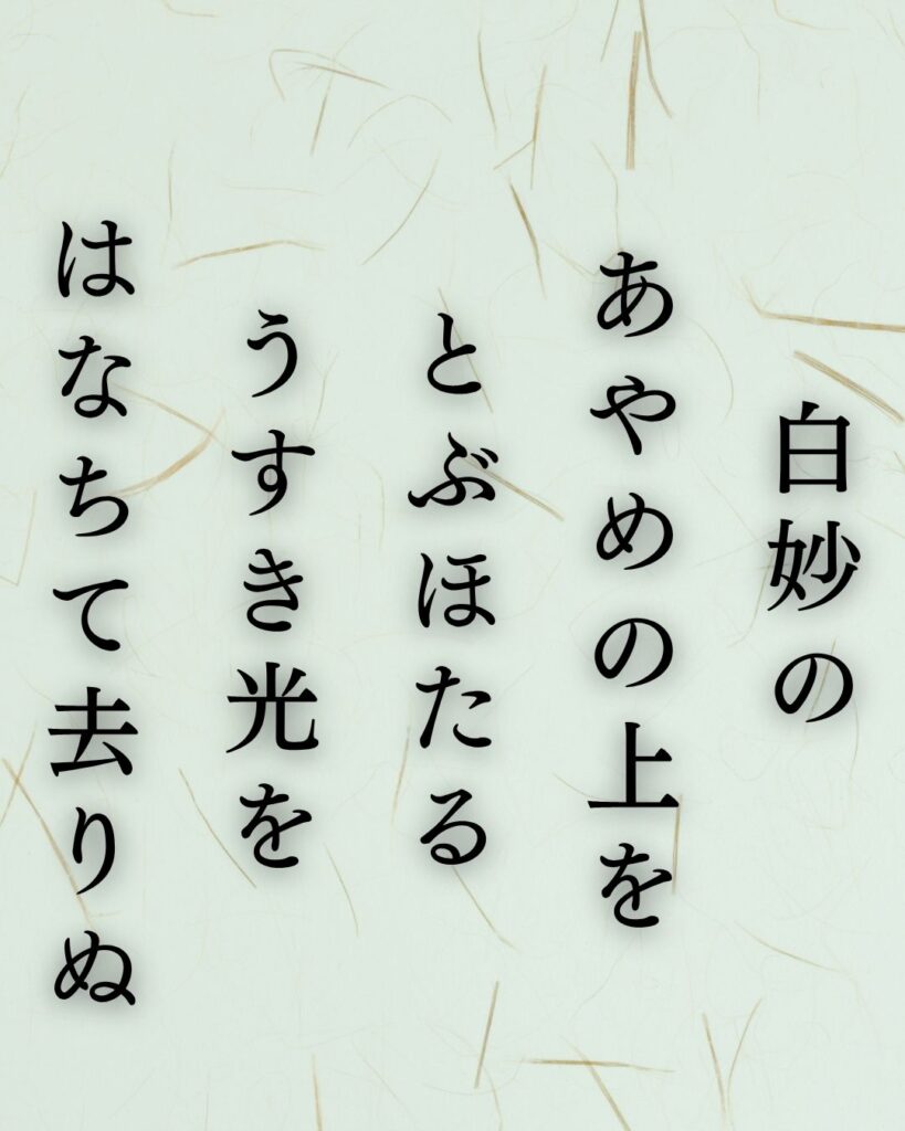 長塚節の夏の短歌5選-代表作をわかりやすく解説!「白妙の あやめの上を とぶほたる うすき光を はなちて去りぬ」この短歌を記載した画像
