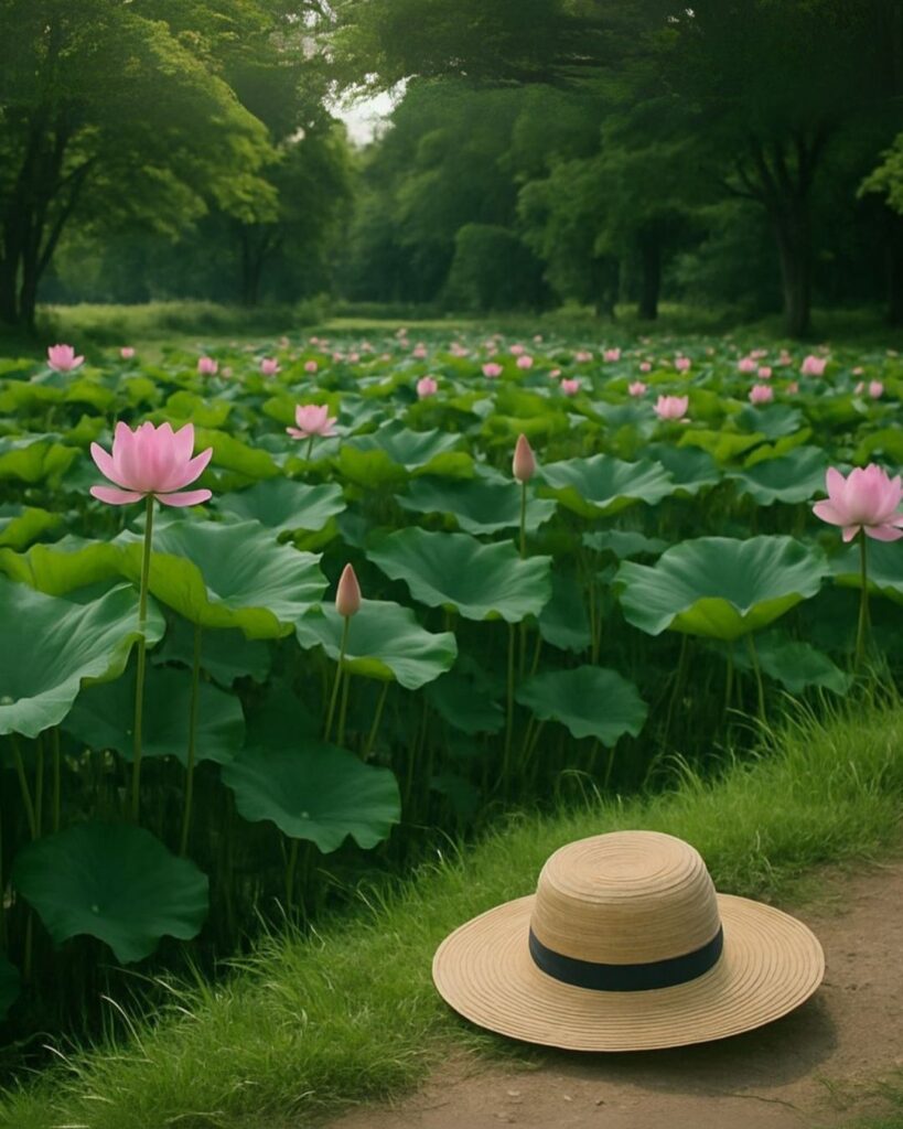 河東碧梧桐の夏の俳句5選-代表作をわかりやすく解説！「夏帽を　吹きとばしたる　蓮見かな」この俳句をイメージした画像