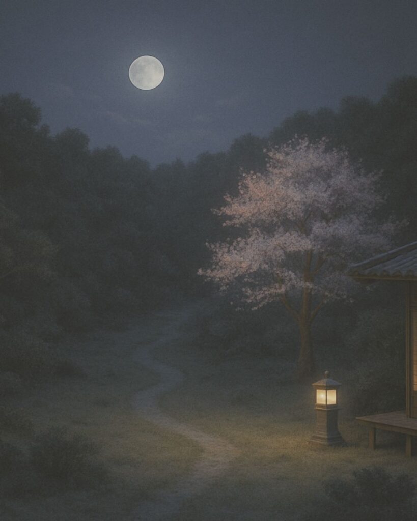 百人一首第68番 三条天皇『心にも』背景解説–望まずの月「心にも あらで憂き夜に 長らへば 恋しかるべき 夜半の月かな」の情景をテーマにしたイメージの画像