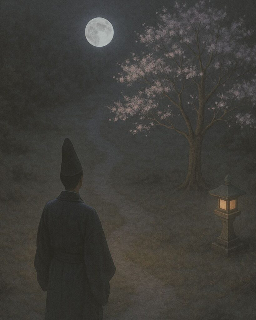 百人一首第68番 三条天皇『心にも』背景解説–望まずの月「心にも あらで憂き夜に 長らへば 恋しかるべき 夜半の月かな」の情景をテーマにしたイメージの画像