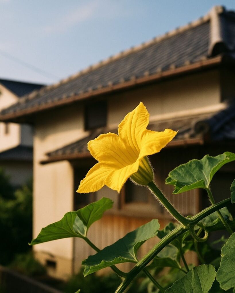 島木赤彦の夏の短歌5選-代表作をわかりやすく解説!「向じ家の 南瓜の花は 屋根をこえて 延び来るかな 黄の花を向けて」この短歌をイメージした画像