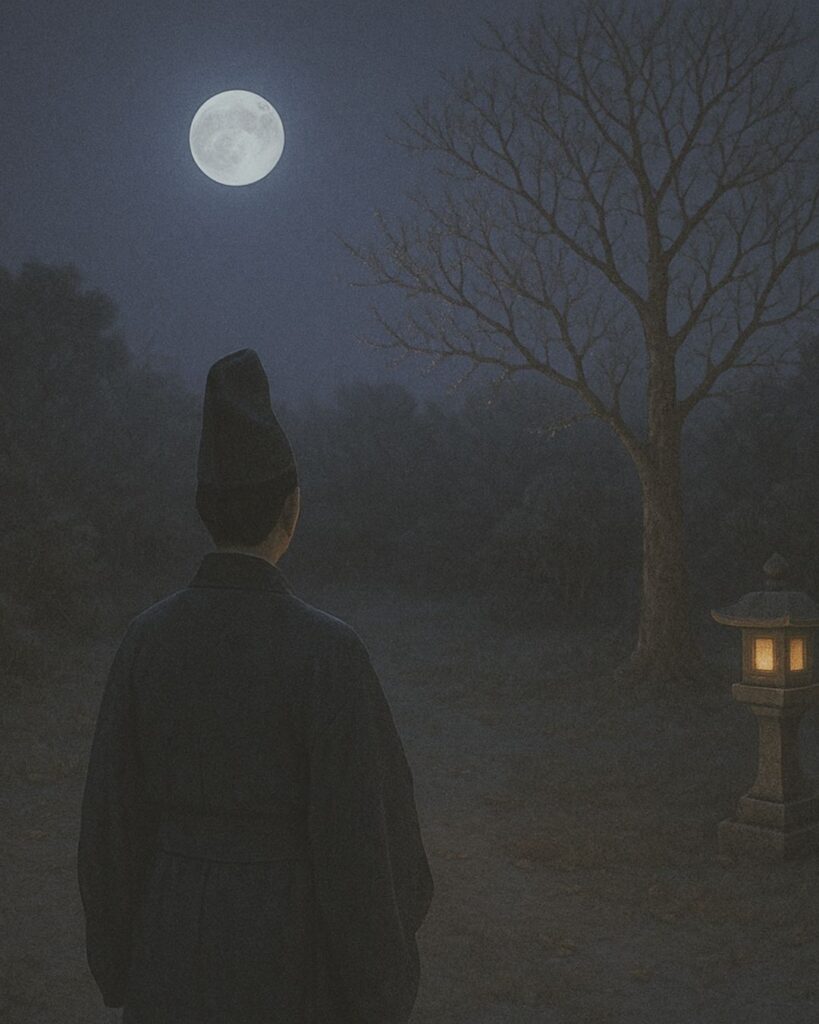 百人一首第68番 三条天皇『心にも』背景解説–望まずの月「心にも あらで憂き夜に 長らへば 恋しかるべき 夜半の月かな」の情景をテーマにしたイメージの画像