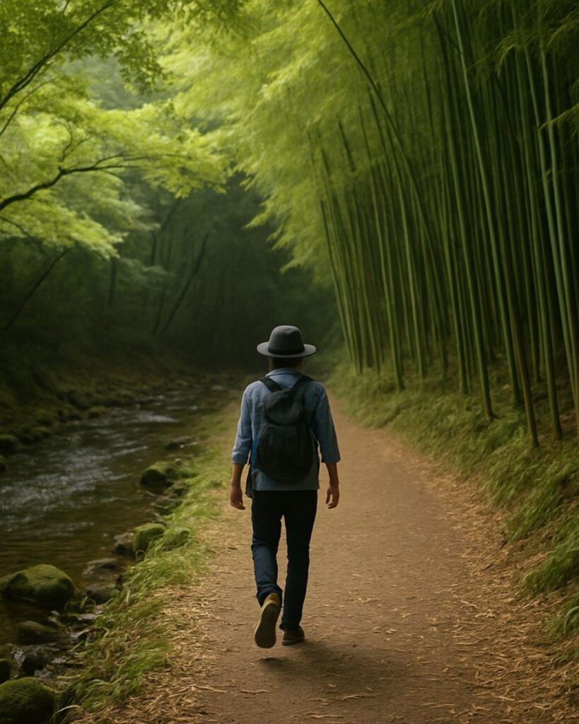 長塚節の夏の短歌5選-代表作をわかりやすく解説!「さやさやに 水行くなべに 山坂の 竹の落葉を 踏めば涼しも」この短歌をイメージした画像