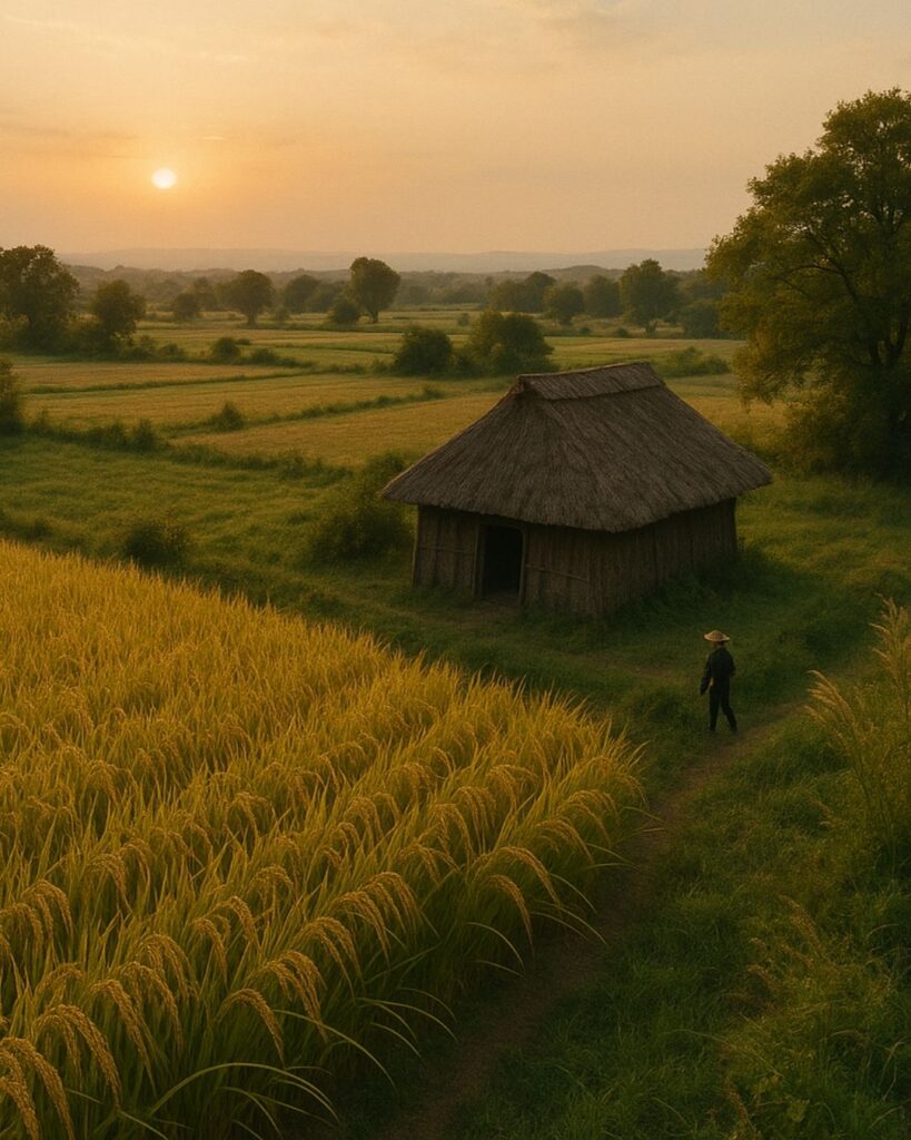 百人一首第71番 源経信『夕されば』背景解説–まろ屋の秋風「夕されば 門田の稲葉 訪れて 蘆のまろ屋に 秋風ぞ吹く」の情景をテーマにしたイメージの画像
