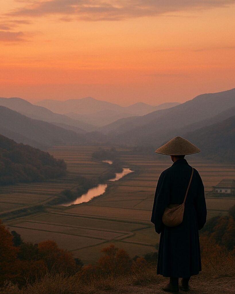 百人一首第70番 良暹法師『寂しさに』背景解説–寂しさに立つ「寂しさに　宿を立ち出でて　ながむれば　いづこも同じ　秋の夕暮れ」の情景をテーマにしたイメージの画像