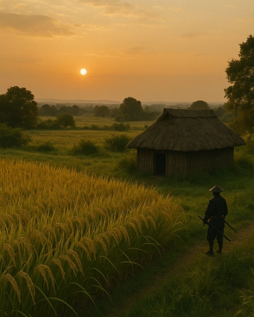 百人一首第71番 源経信『夕されば』背景解説–まろ屋の秋風「夕されば 門田の稲葉 訪れて 蘆のまろ屋に 秋風ぞ吹く」の情景をテーマにしたイメージの画像