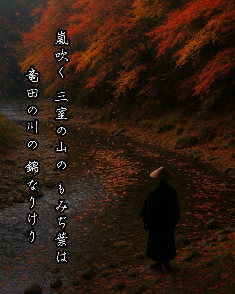 百人一首第69番 能因法師『嵐吹く』背景解説–紅葉のしらべ「嵐吹く 三室の山の もみぢ葉は 竜田の川の 錦なりけり」の情景をテーマにした和歌とイメージの画像