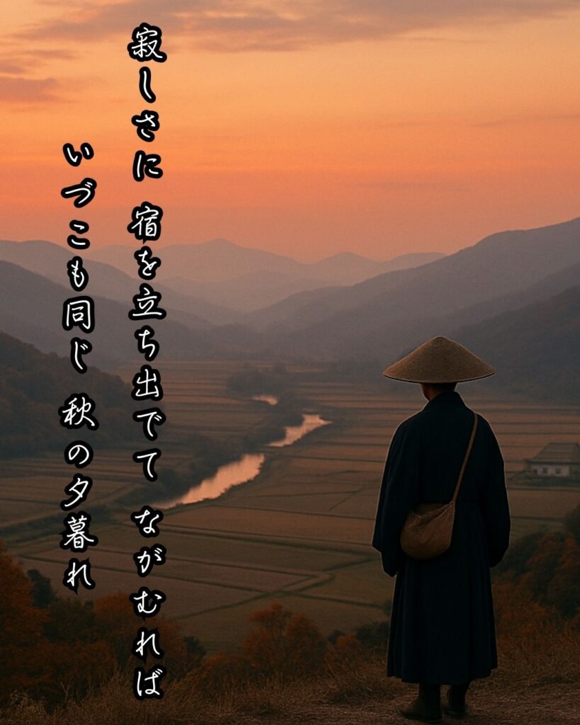 百人一首第70番 良暹法師『寂しさに』背景解説–寂しさに立つ「寂しさに　宿を立ち出でて　ながむれば　いづこも同じ　秋の夕暮れ」の情景をテーマにした和歌とイメージの画像