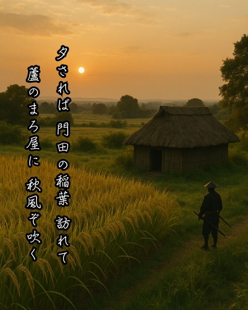 百人一首第71番 源経信『夕されば』背景解説–まろ屋の秋風「夕されば 門田の稲葉 訪れて 蘆のまろ屋に 秋風ぞ吹く」の情景をテーマにした和歌とイメージの画像