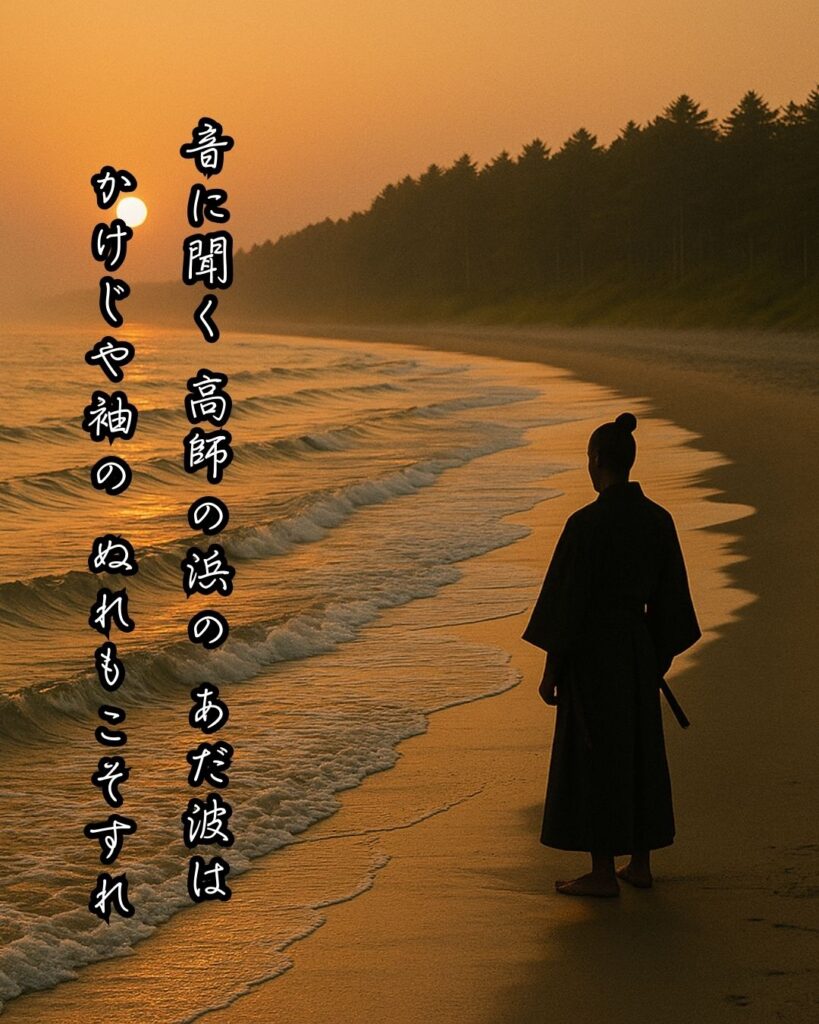 百人一首第72番 祐子内親王家紀伊『音に聞く』背景解説–あだ波の誓い「音に聞く 高師の浜の あだ波は かけじや袖の ぬれもこそすれ」の情景をテーマにした和歌とイメージの画像