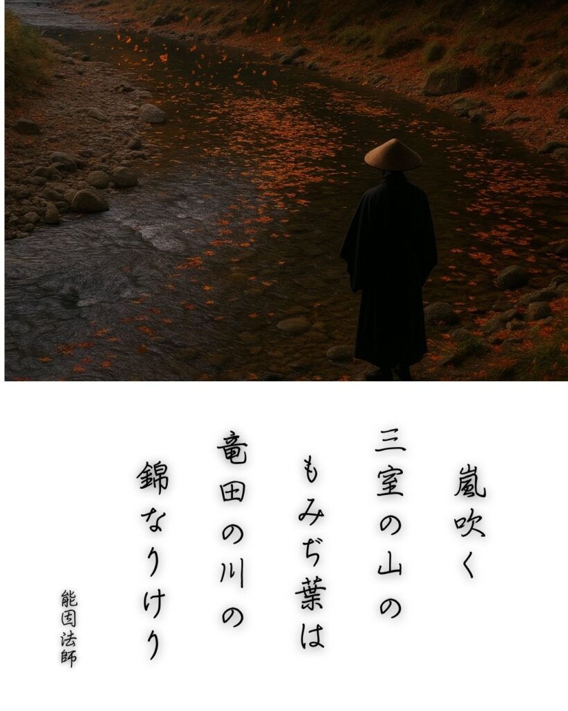 百人一首第69番 能因法師『嵐吹く』背景解説–紅葉のしらべ「嵐吹く 三室の山の もみぢ葉は 竜田の川の 錦なりけり」の情景をテーマにした和歌とイメージの画像