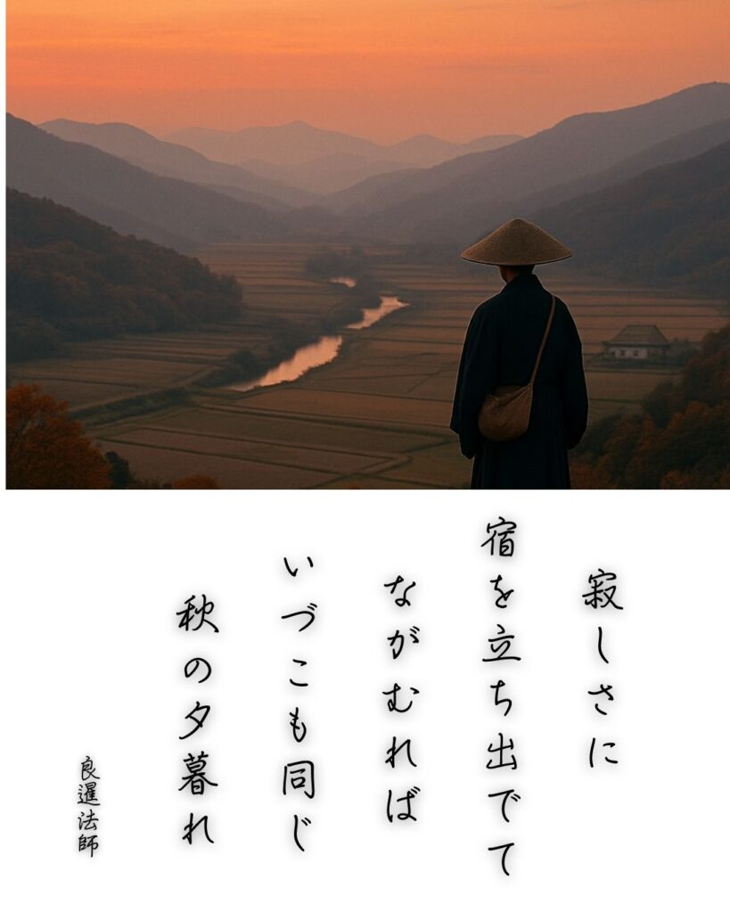 百人一首第70番 良暹法師『寂しさに』背景解説–寂しさに立つ「寂しさに　宿を立ち出でて　ながむれば　いづこも同じ　秋の夕暮れ」の情景をテーマにした和歌とイメージの画像