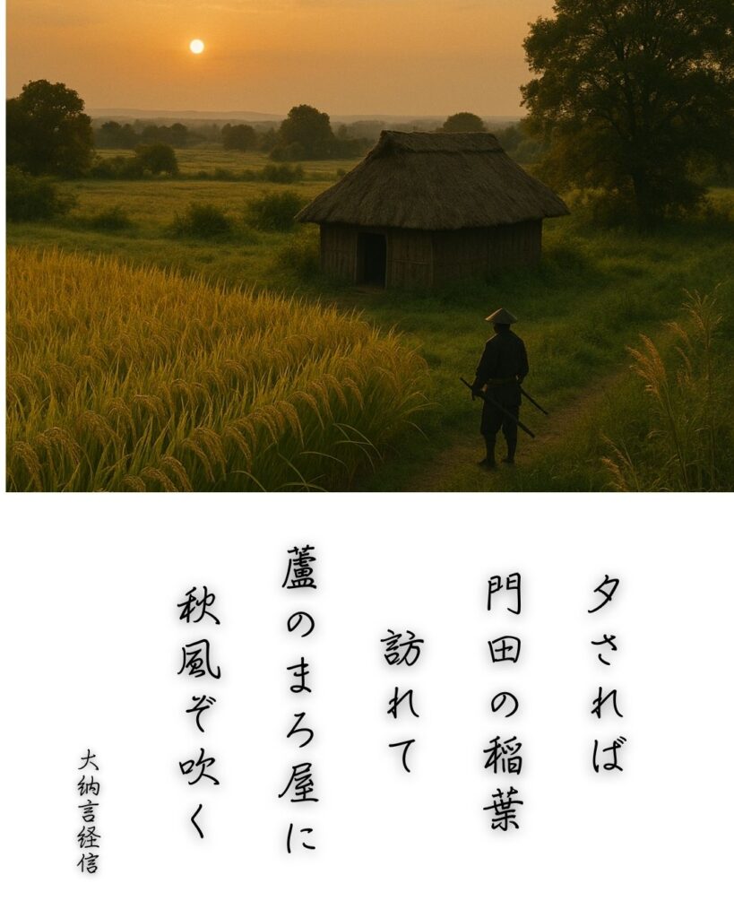 百人一首第71番 源経信『夕されば』背景解説–まろ屋の秋風「夕されば 門田の稲葉 訪れて 蘆のまろ屋に 秋風ぞ吹く」の情景をテーマにした和歌とイメージの画像