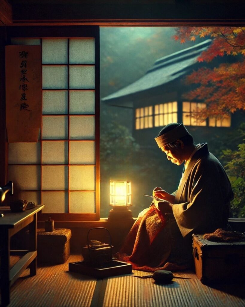 小林一茶の秋の俳句5選-代表作をわかりやすく解説!「秋の夜や 旅の男の 針仕事」この俳句をイメージした画像