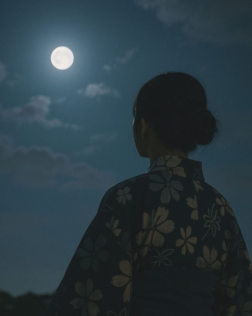 種田山頭火の夏の俳句5選-代表作をわかりやすく解説！「月に浮ぶや　浴衣模様の　濃き薄き」この俳句をイメージした画像
