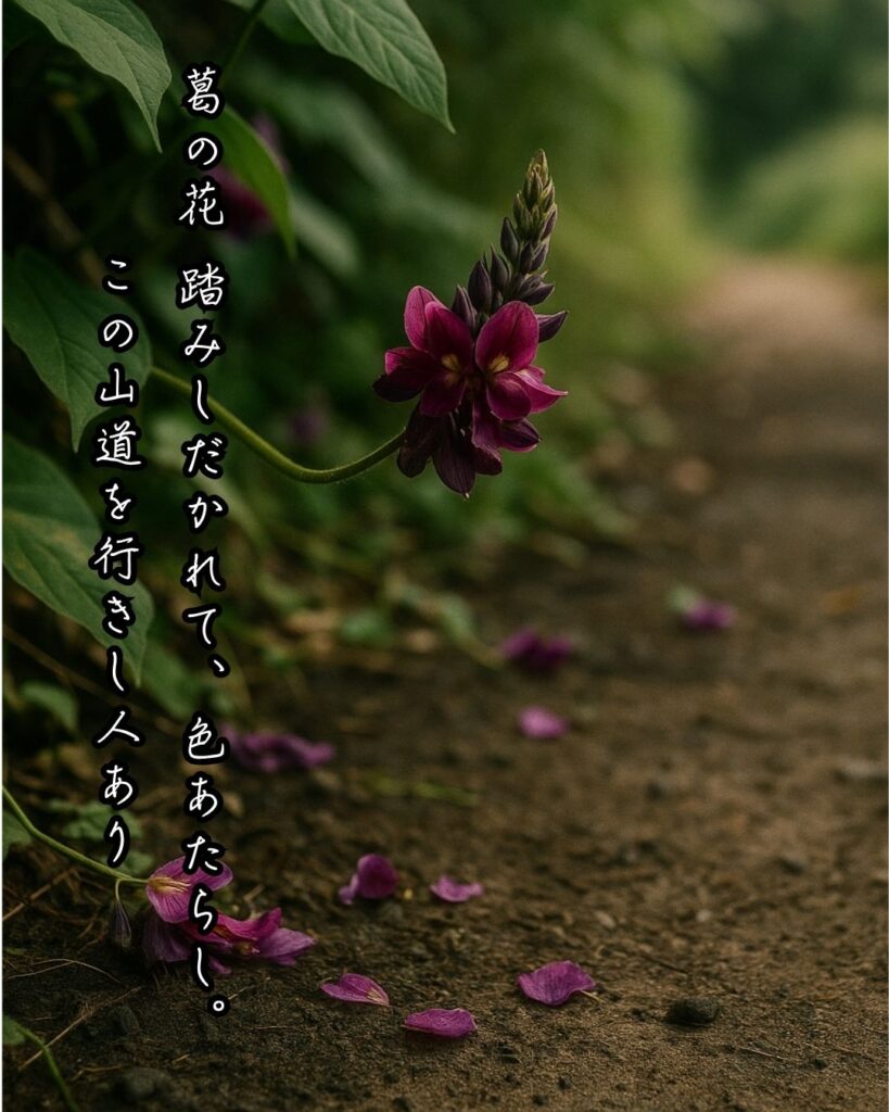 「葛の花　踏みしだかれて、色あたらし。この山道を行きし人あり」釈迢空この短歌をイメージした画像