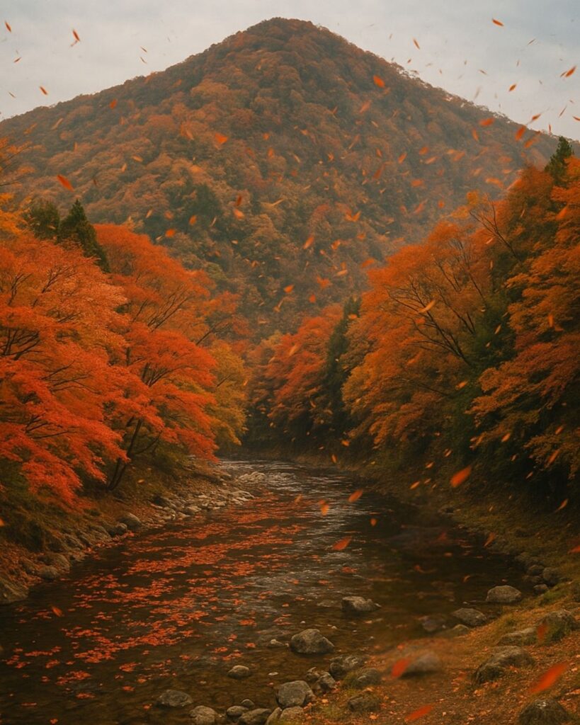 百人一首第69番 能因法師『嵐吹く』背景解説–紅葉のしらべ「嵐吹く 三室の山の もみぢ葉は 竜田の川の 錦なりけり」の情景をテーマにしたイメージの画像
