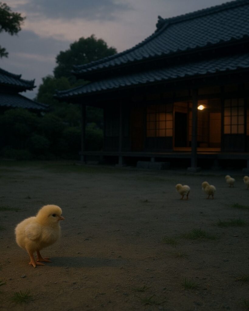 釈迢空の代表的な短歌5選-海やまのあひだ「鶏の子の　ひろき屋庭に出でゐるが、夕焼けどきを過ぎて　さびしも」この短歌をイメージした画像
