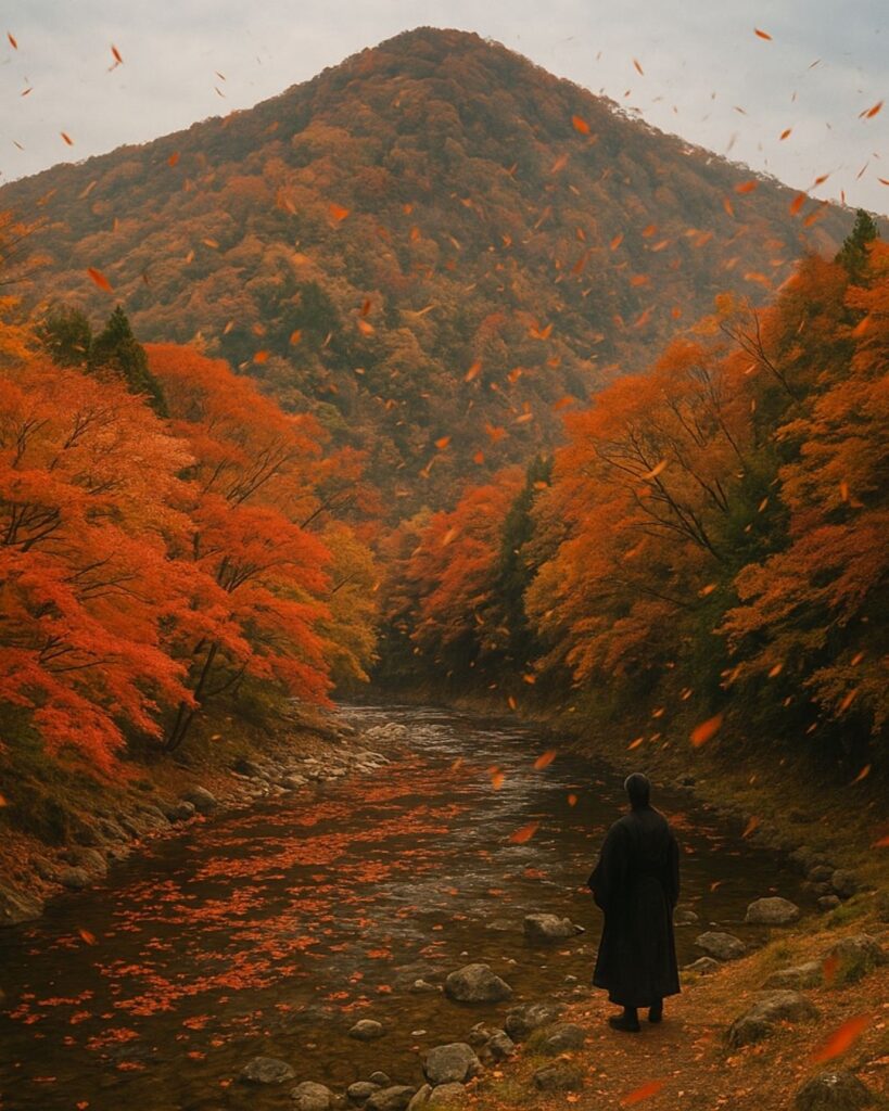 百人一首第69番 能因法師『嵐吹く』背景解説–紅葉のしらべ「嵐吹く 三室の山の もみぢ葉は 竜田の川の 錦なりけり」の情景をテーマにしたイメージの画像