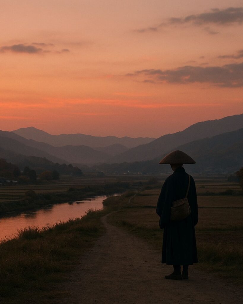 百人一首第70番 良暹法師『寂しさに』背景解説–寂しさに立つ「寂しさに　宿を立ち出でて　ながむれば　いづこも同じ　秋の夕暮れ」の情景をテーマにしたイメージの画像